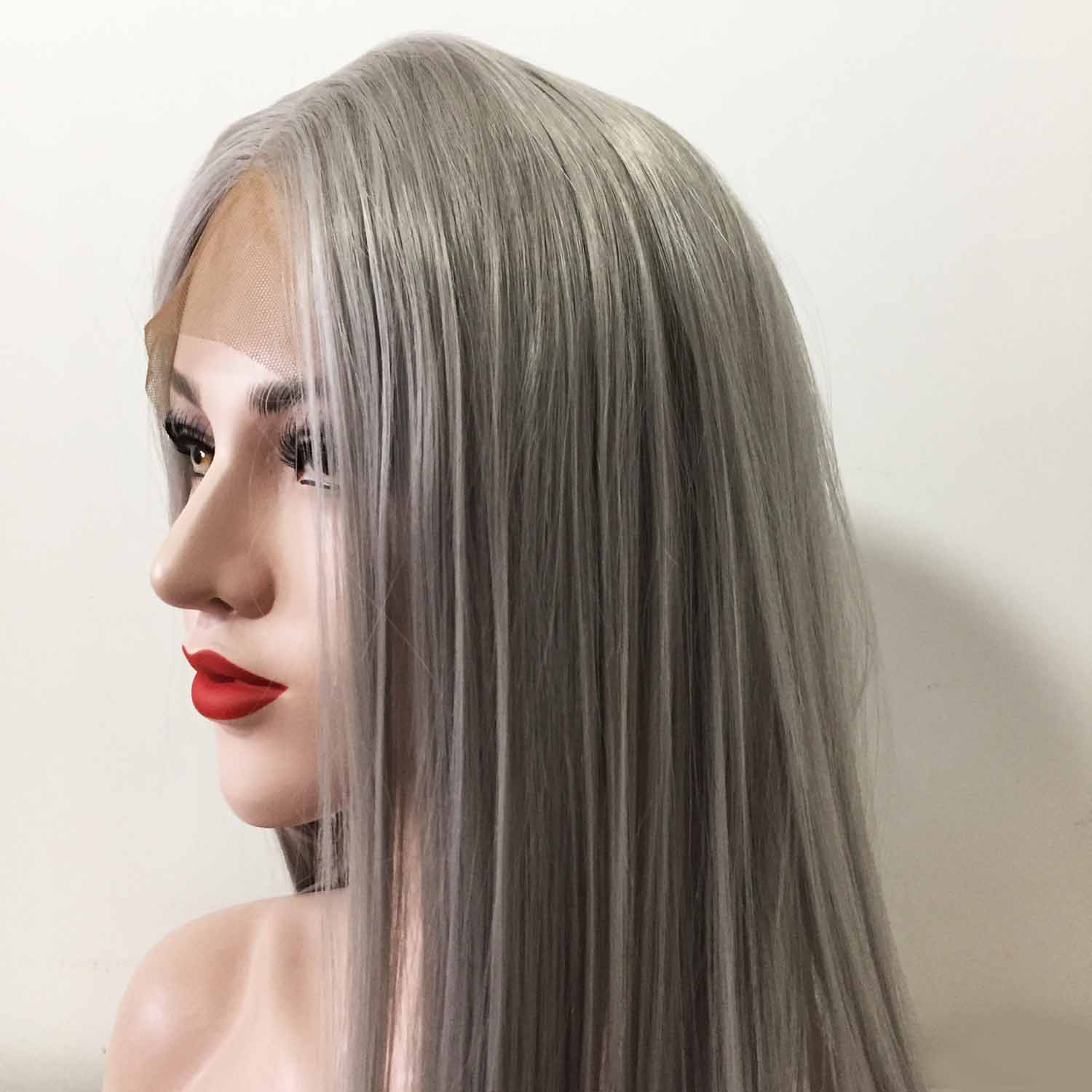 nevermindyrhead Women Grey Lace Front Middle Part Long Straight Choppy End Wig 20inches