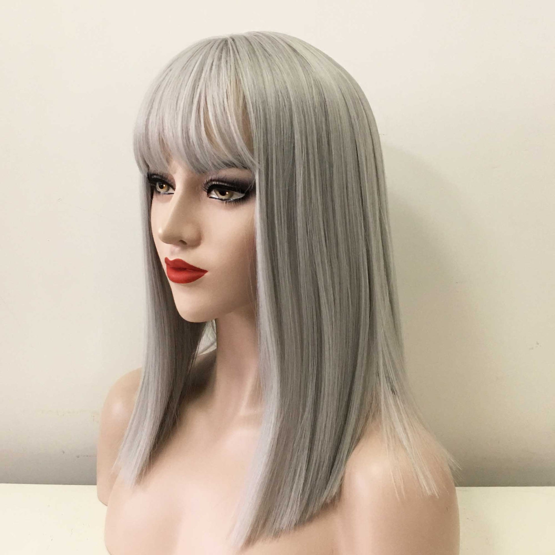 nevermindyrhead Women Gray Long Straight Fringe Bangs Blunt End Wig