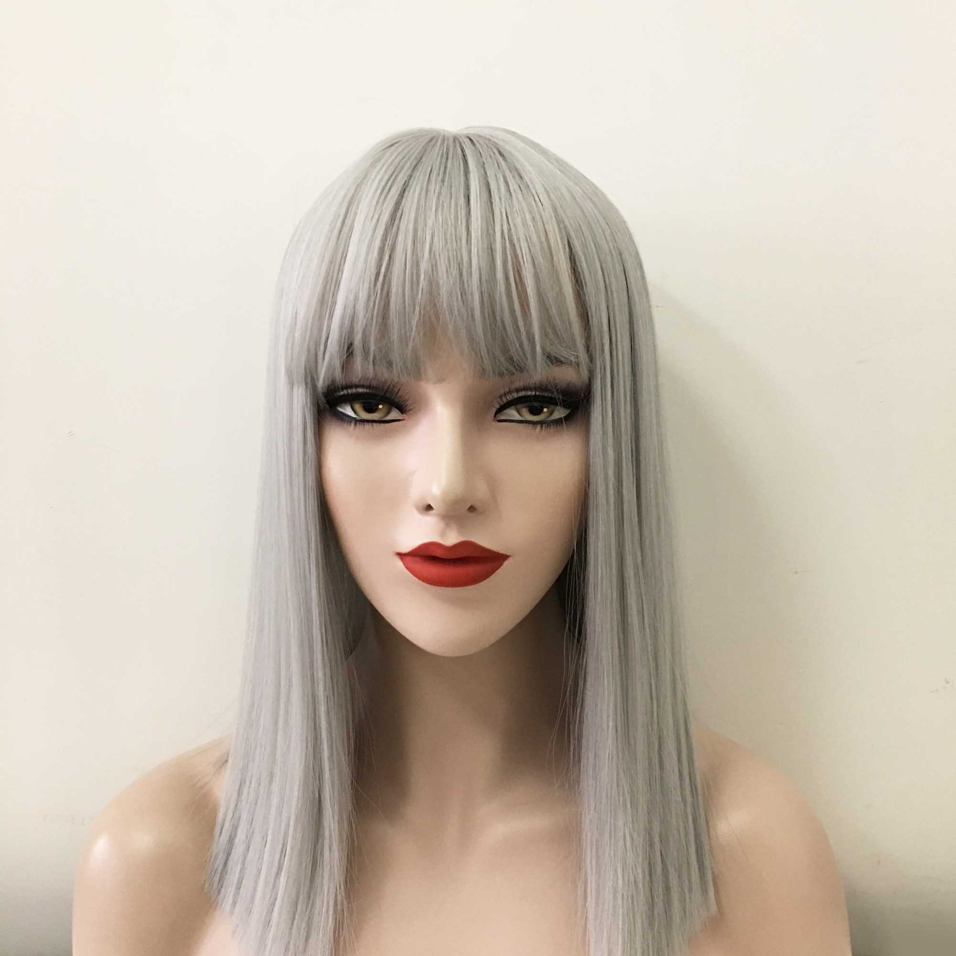 nevermindyrhead Women Gray Long Straight Fringe Bangs Blunt End Wig
