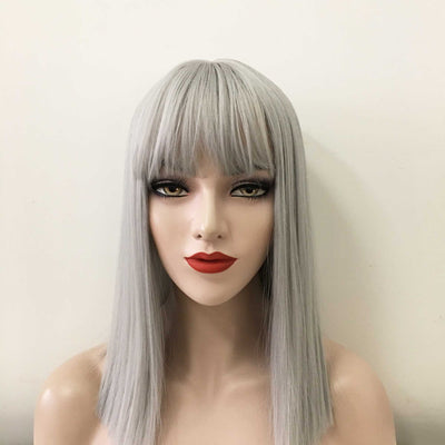 Women Gray Long Straight Fringe Bangs Blunt End Wig