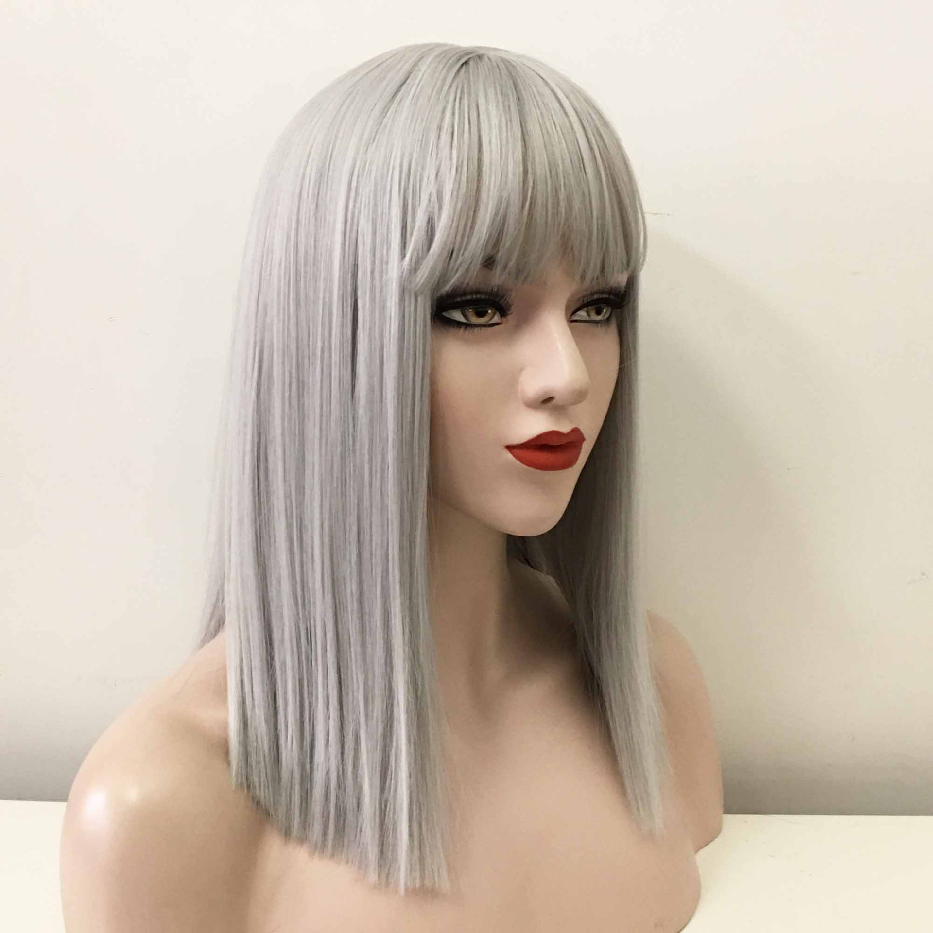 nevermindyrhead Women Gray Long Straight Fringe Bangs Blunt End Wig