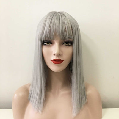 Women Gray Long Straight Fringe Bangs Blunt End Wig