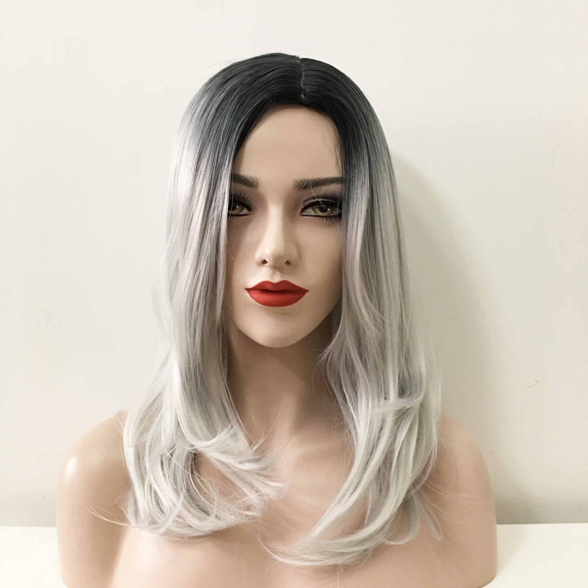 nevermindyrhead Women Grey Ombre Dark Root Long Straight Middle Part Wig