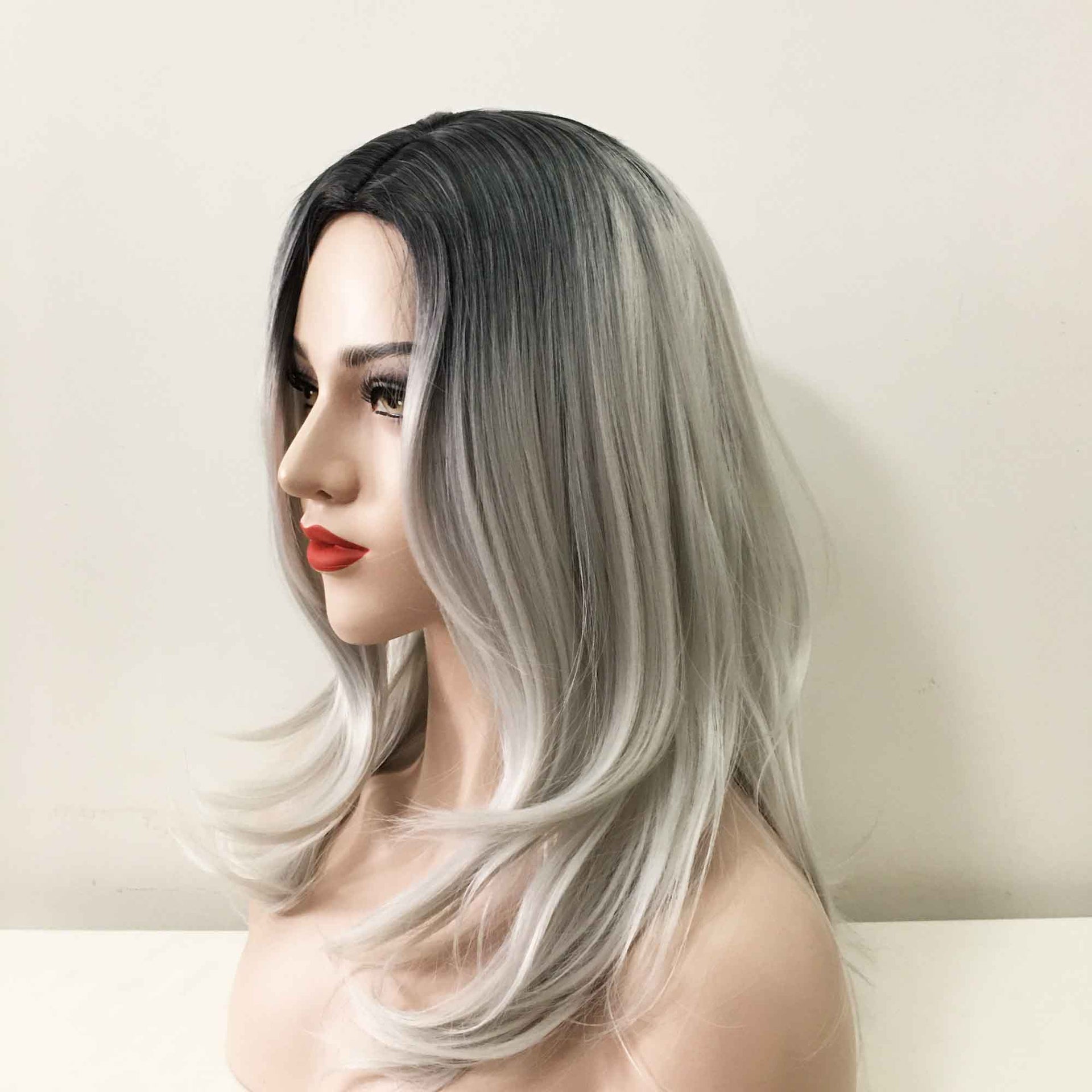 nevermindyrhead Women Grey Ombre Dark Root Long Straight Middle Part Wig