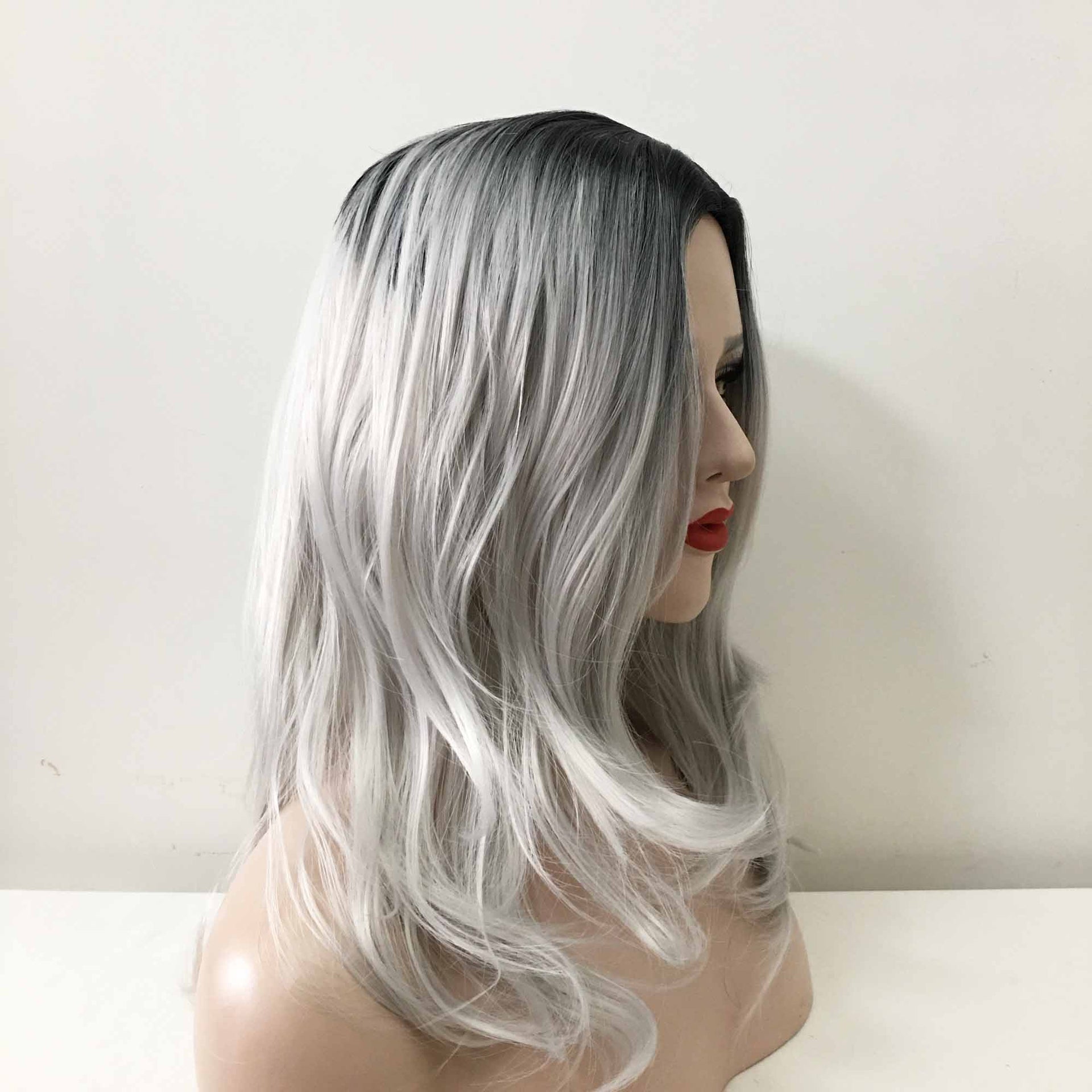 nevermindyrhead Women Grey Ombre Dark Root Long Straight Middle Part Wig