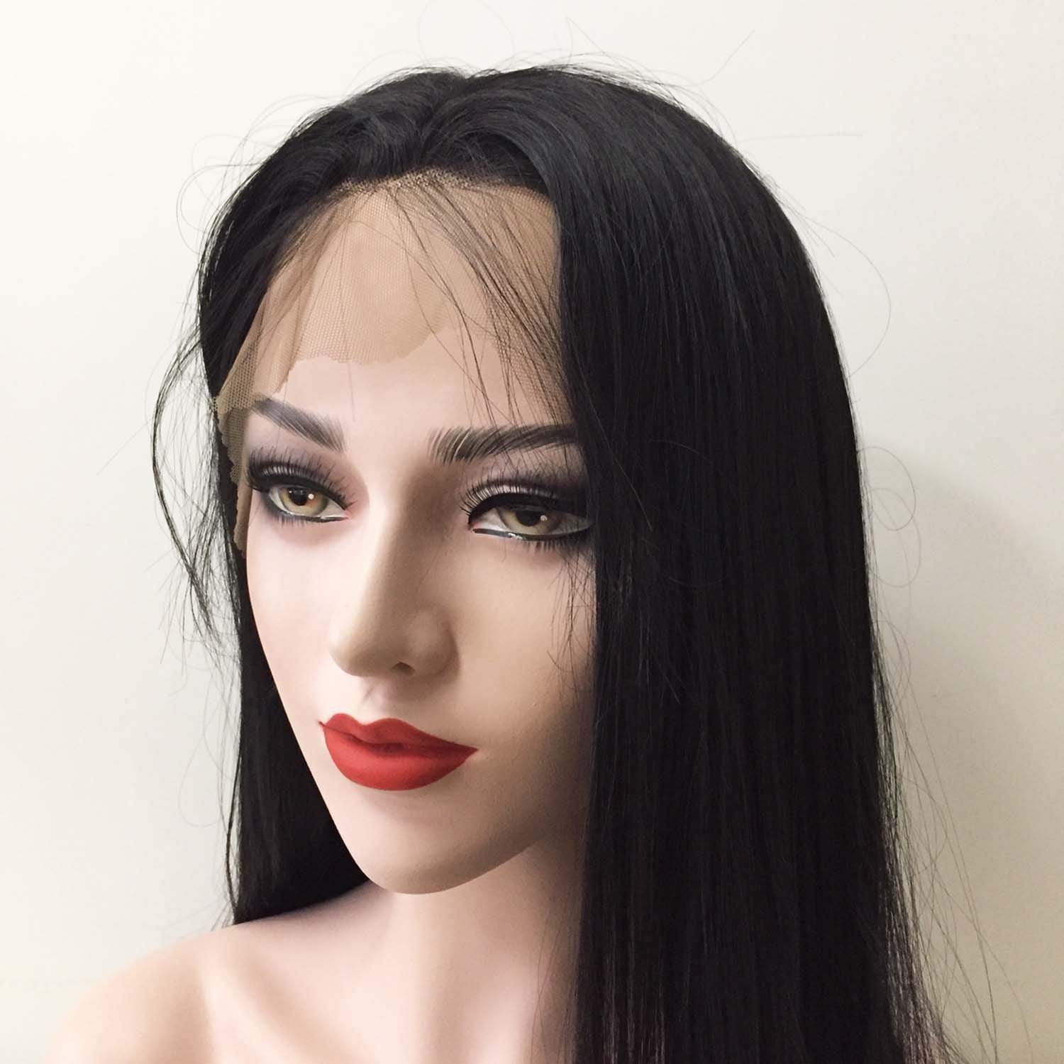 nevermindyrhead Women Lace Front Black Pre-plucked Natural Hairline Soft Bangs Long Straight Hair Wig
