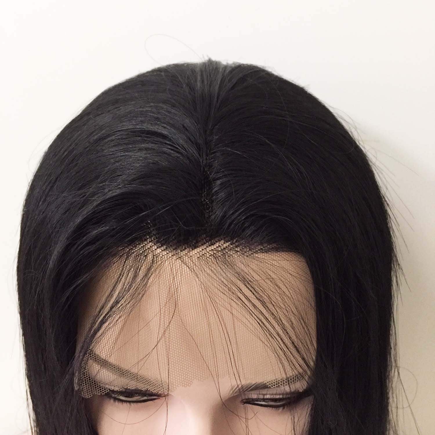 nevermindyrhead Women Lace Front Black Pre-plucked Natural Hairline Soft Bangs Long Straight Hair Wig