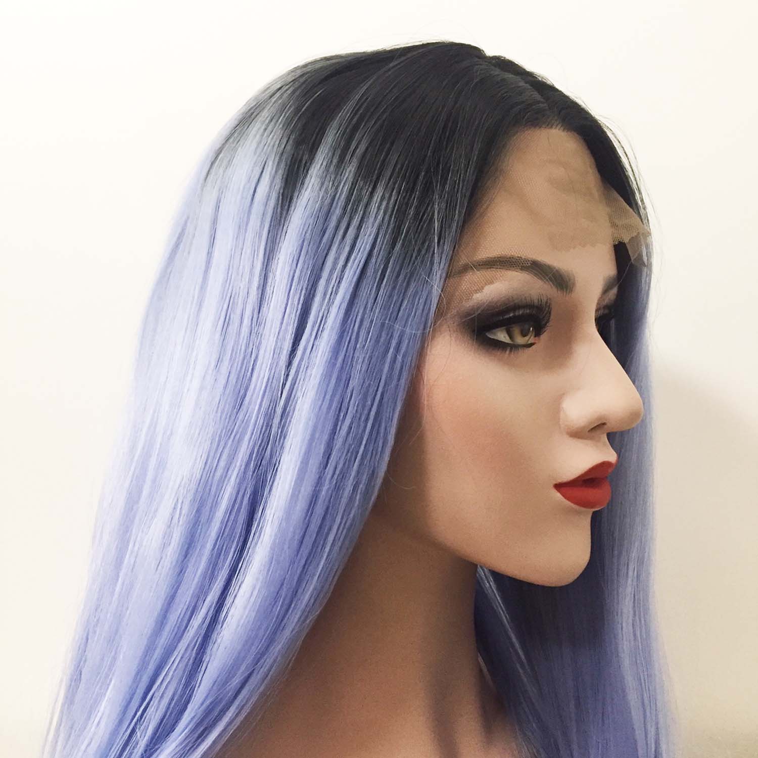 nevermindyrhead Women Lace Front Ombre Light Blue Dark Root Black Middle Part Long Hair Wig