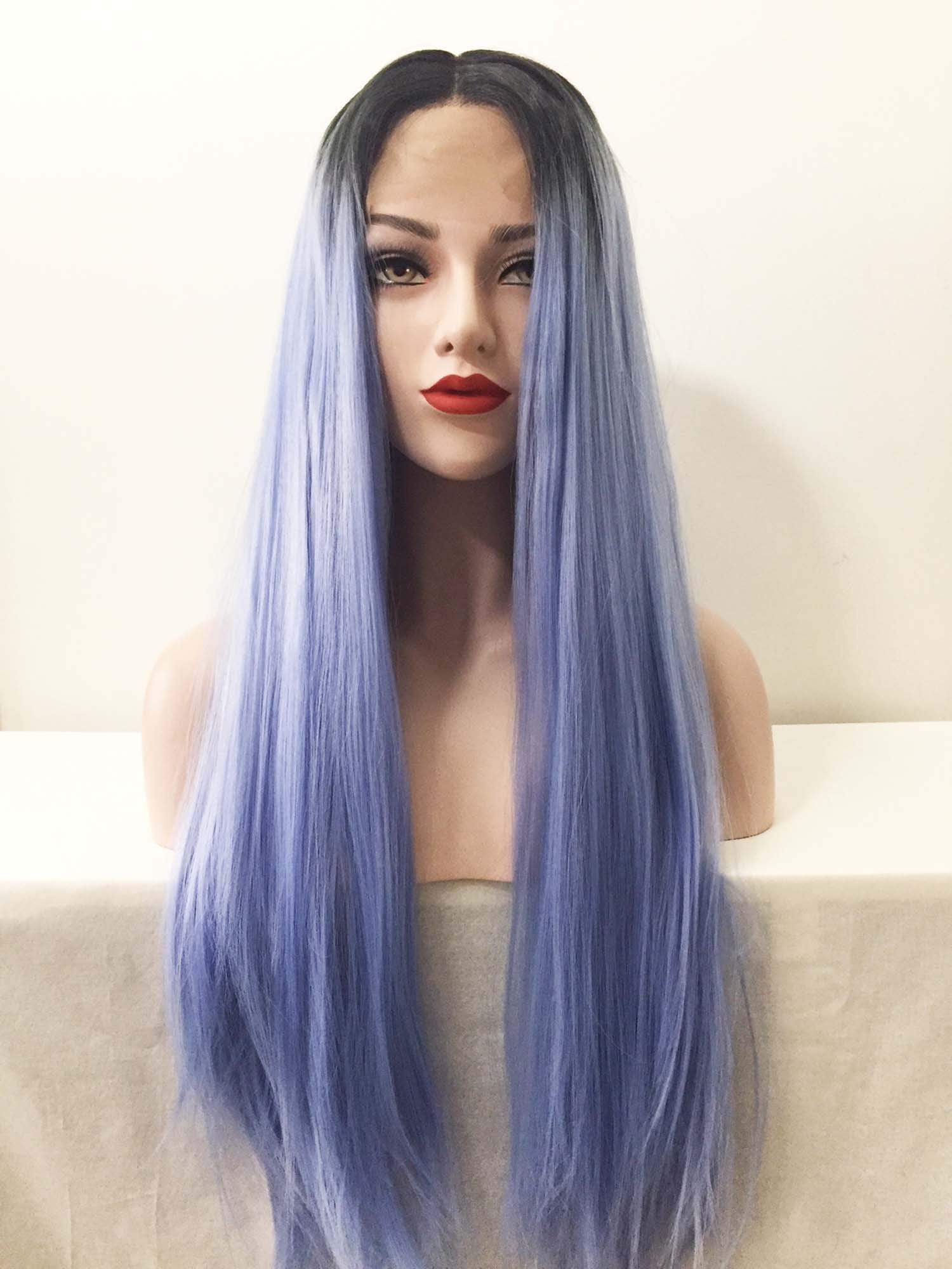 nevermindyrhead Women Lace Front Ombre Light Blue Dark Root Black Middle Part Long Hair Wig