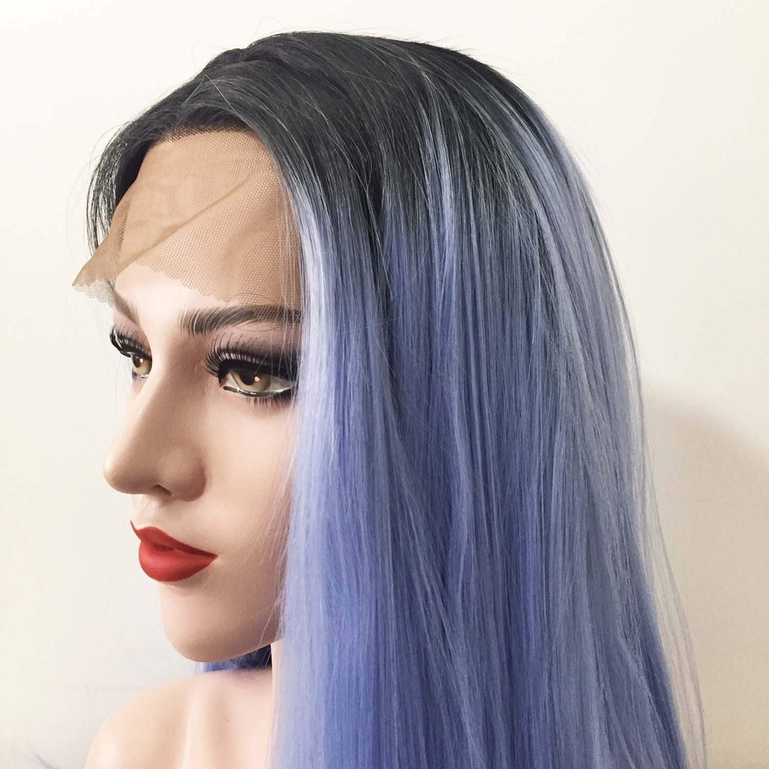nevermindyrhead Women Lace Front Ombre Light Blue Dark Root Black Middle Part Long Hair Wig