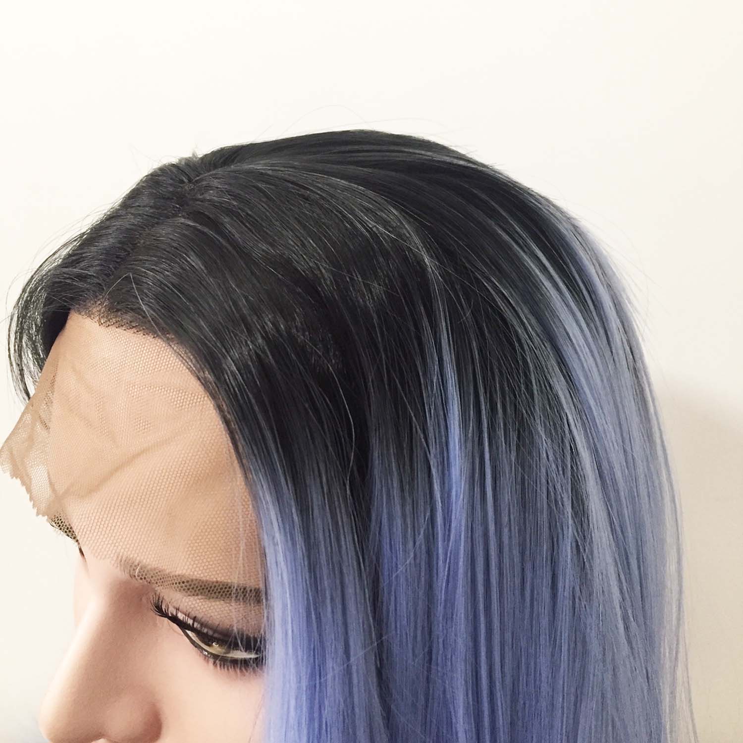 nevermindyrhead Women Lace Front Ombre Light Blue Dark Root Black Middle Part Long Hair Wig
