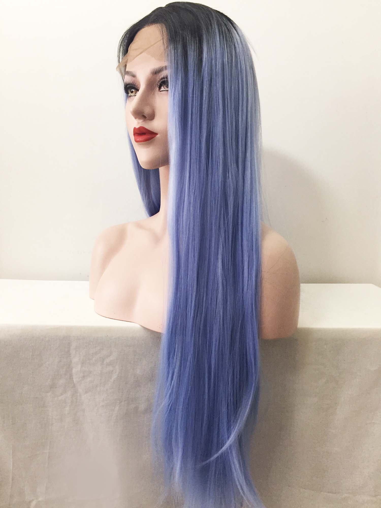 nevermindyrhead Women Lace Front Ombre Light Blue Dark Root Black Middle Part Long Hair Wig