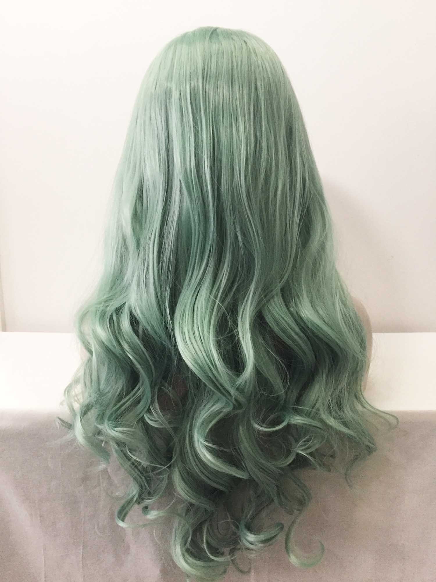 nevermindyrhead Women Lace Front Pastel Green Middle Part Long Curly Wavy Hair Wig