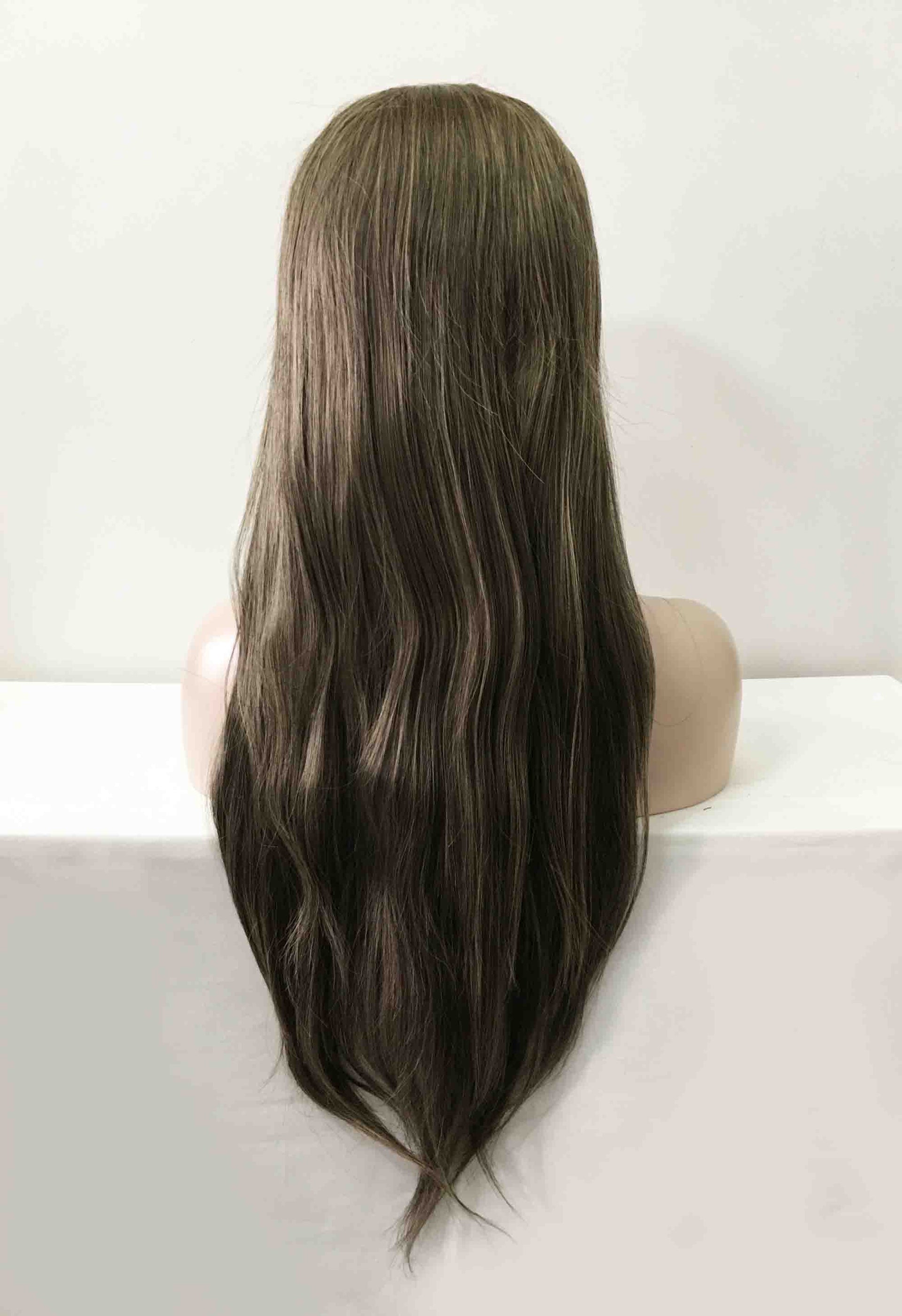 nevermindyrhead Women Lace Front Very Dark Brown Ash Blonde Highlight Long Straight Middle Part Wig