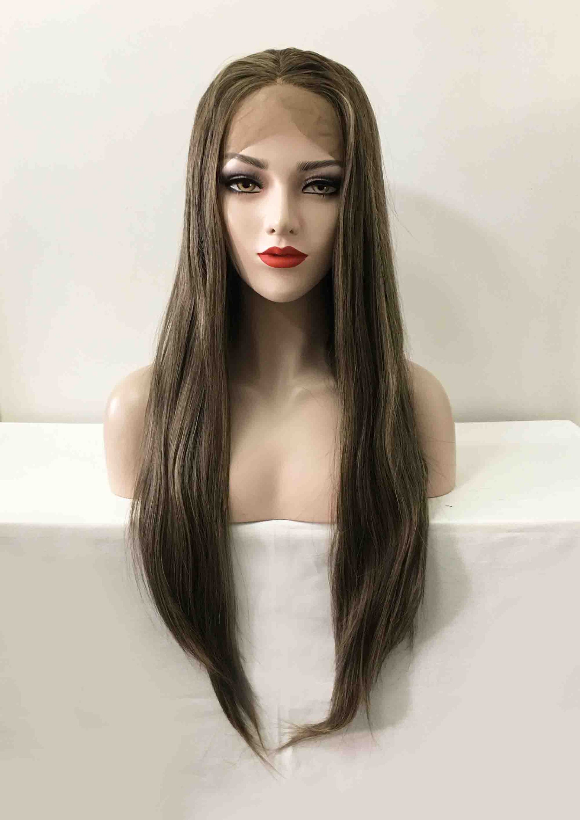 nevermindyrhead Women Lace Front Very Dark Brown Ash Blonde Highlight Long Straight Middle Part Wig