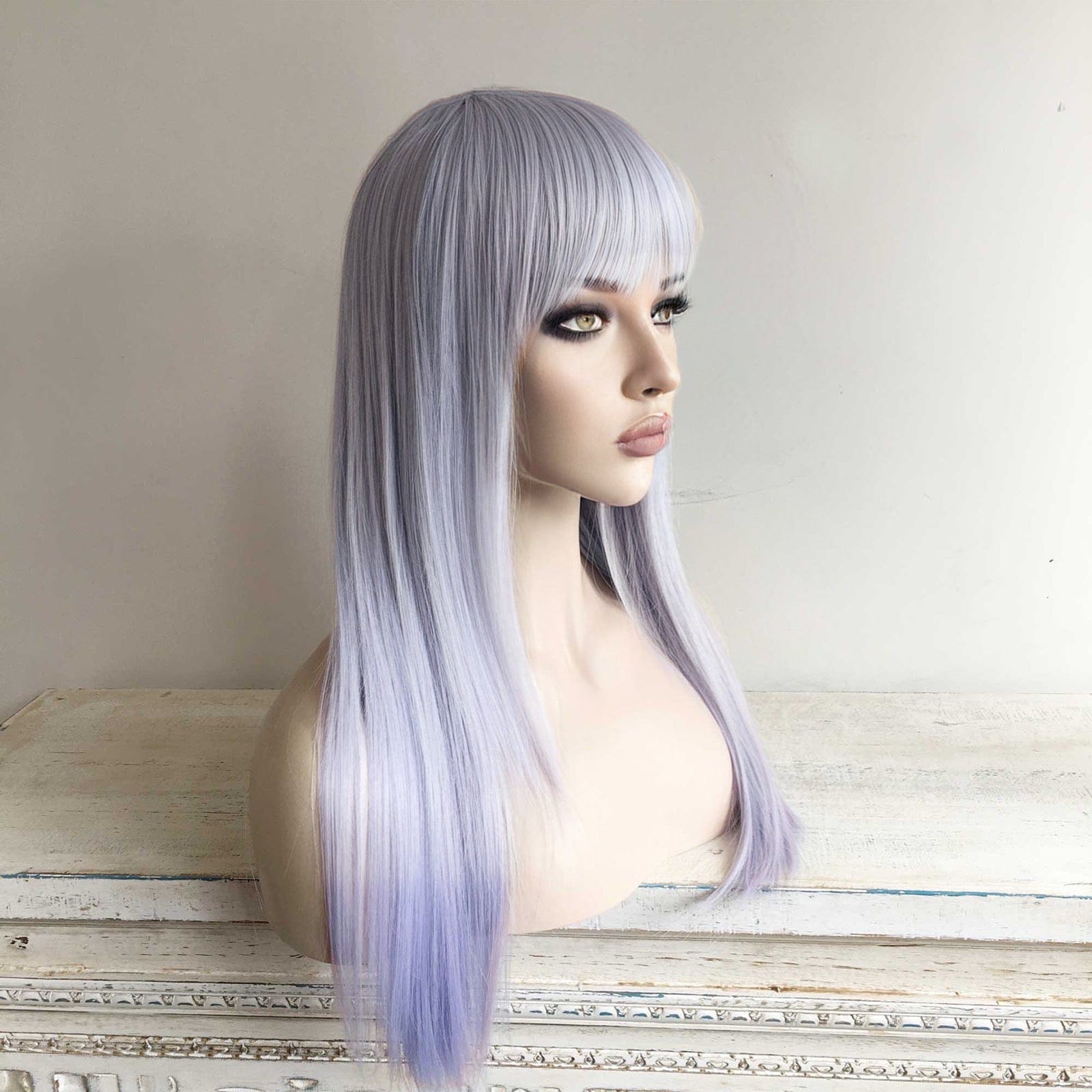 nevermindyrhead Women Light Lavender Purple And Blue Ombre Long Straight Fringe Bangs Wig