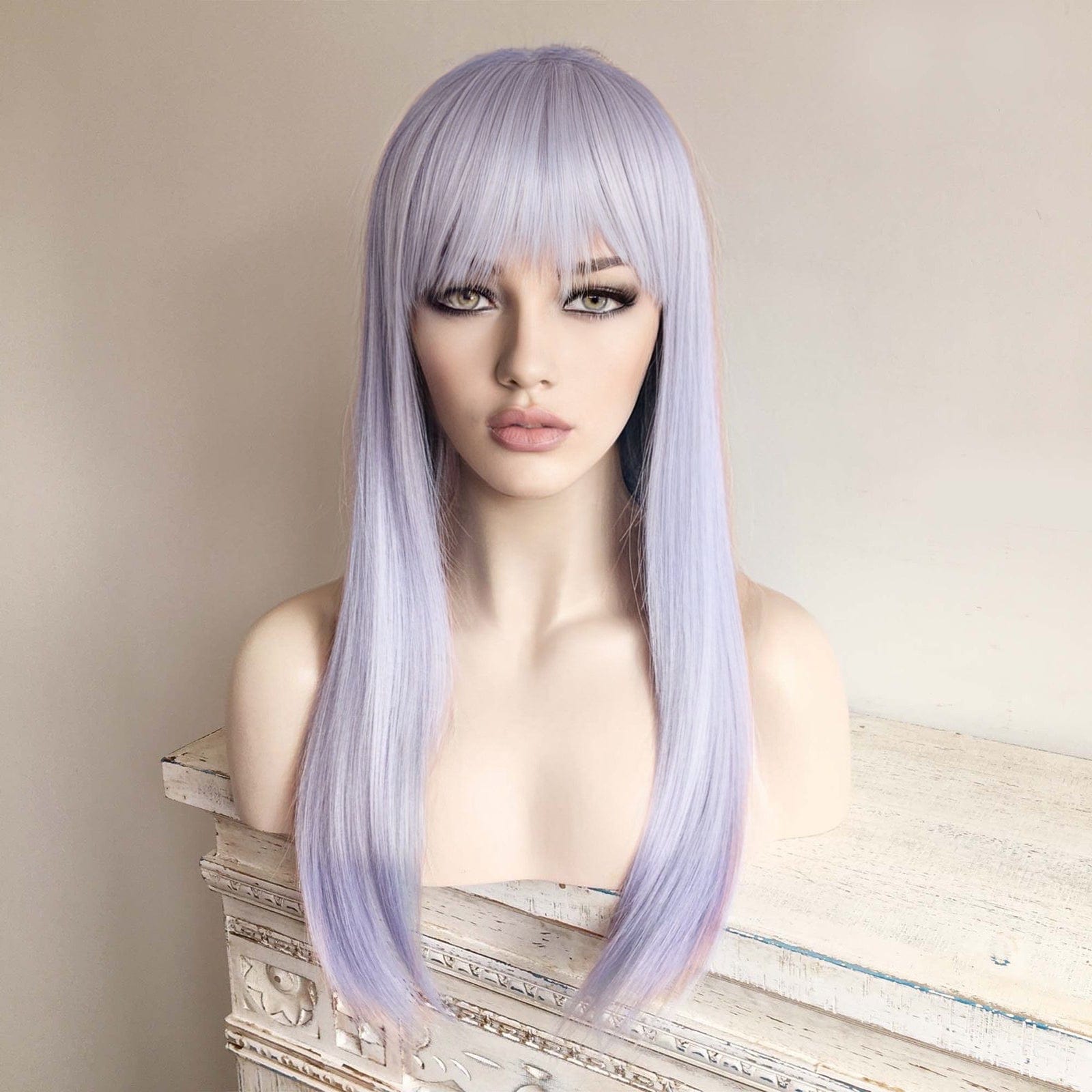 nevermindyrhead Women Light Lavender Purple And Blue Ombre Long Straight Fringe Bangs Wig
