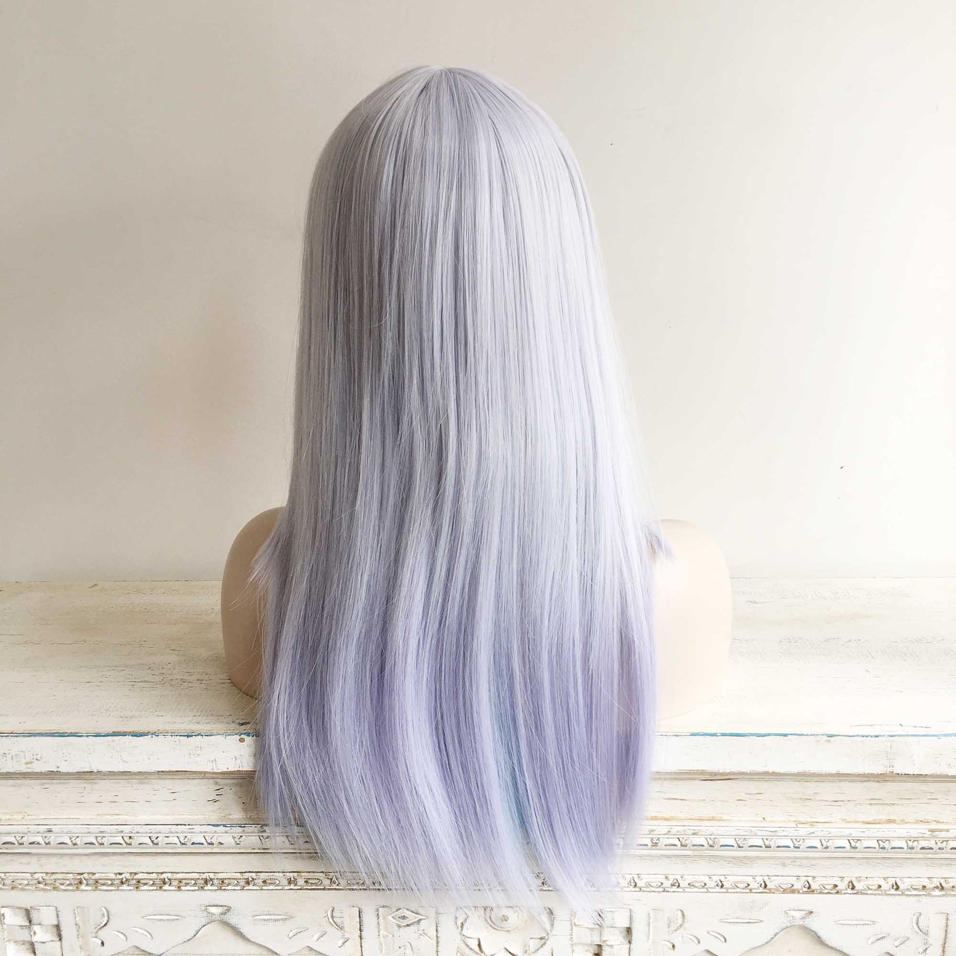 nevermindyrhead Women Light Lavender Purple And Blue Ombre Long Straight Fringe Bangs Wig