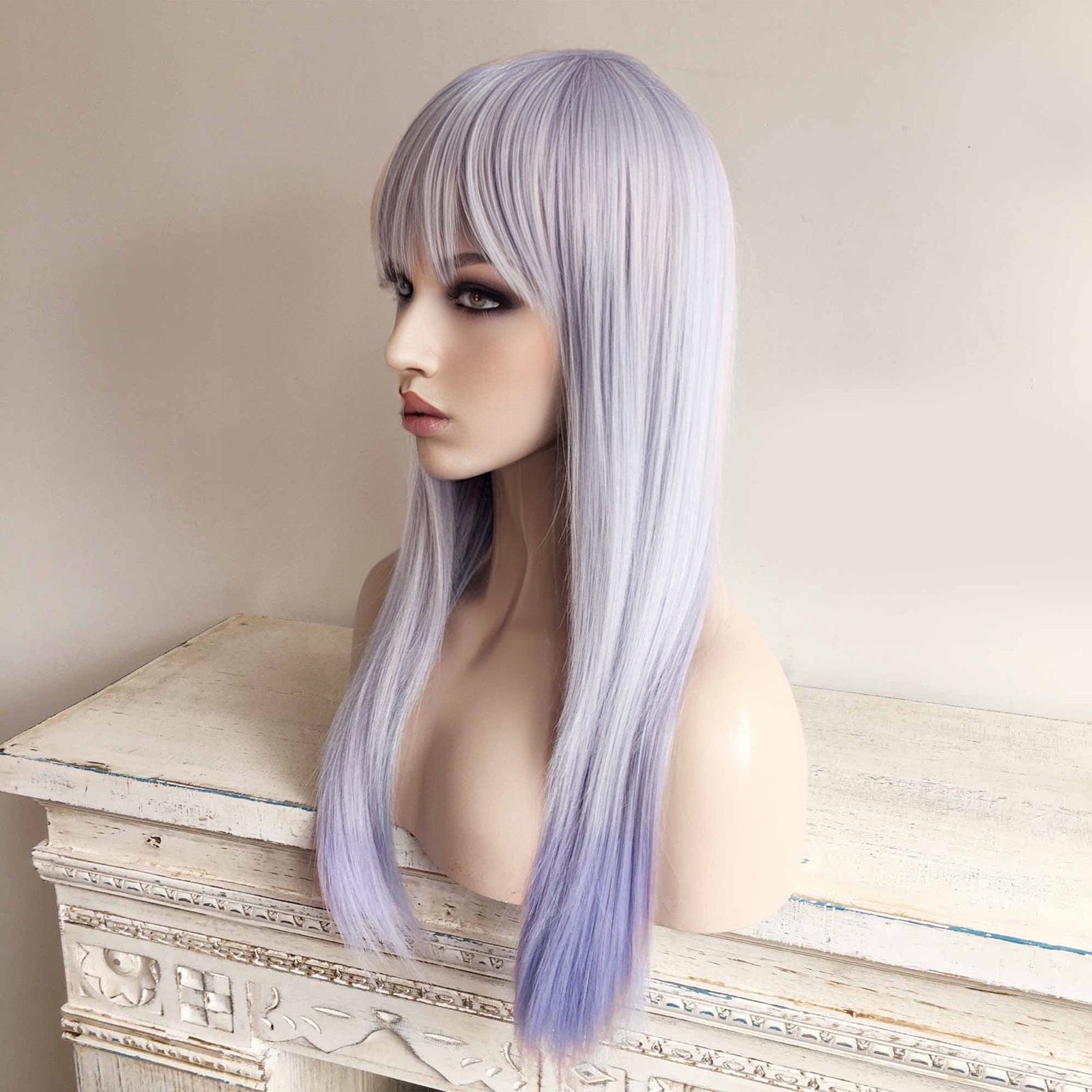 nevermindyrhead Women Light Lavender Purple And Blue Ombre Long Straight Fringe Bangs Wig