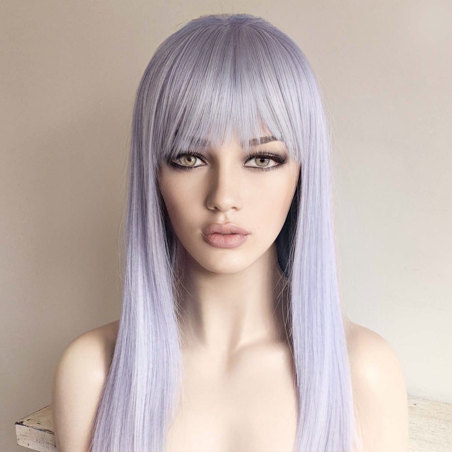 nevermindyrhead Women Light Lavender Purple And Blue Ombre Long Straight Fringe Bangs Wig