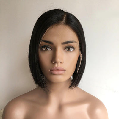 Women Natural Black Human Hair 13X6 Lace Front Short Bob Straight Side Part Wig 8 Inches