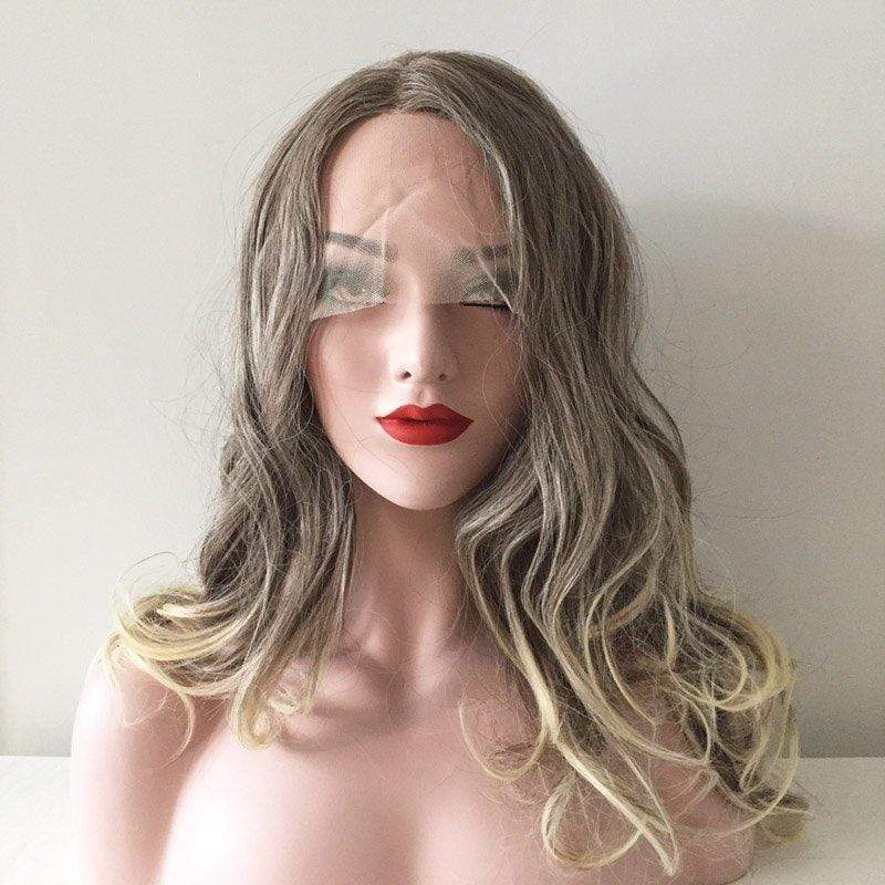 nevermindyrhead Women Ombre Blonde Grey Lace Front Long Curly Middle Part Wig