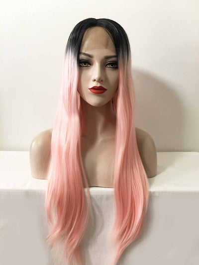 Women Ombre Pink Lace Front Dark Root Long Straight Middle Part Wig