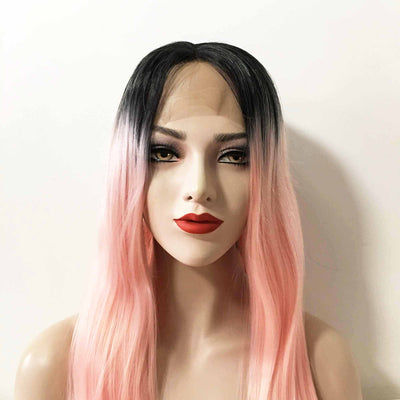 Women Ombre Pink Lace Front Dark Root Long Straight Middle Part Wig
