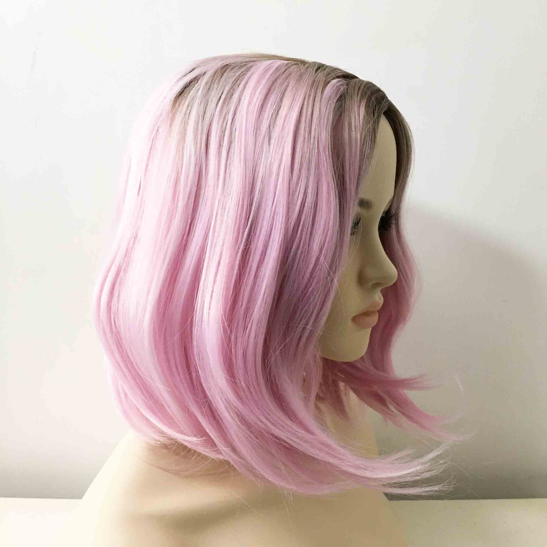 nevermindyrhead Women Ombre Pink Medium Length Natural Curls Side Part Wig