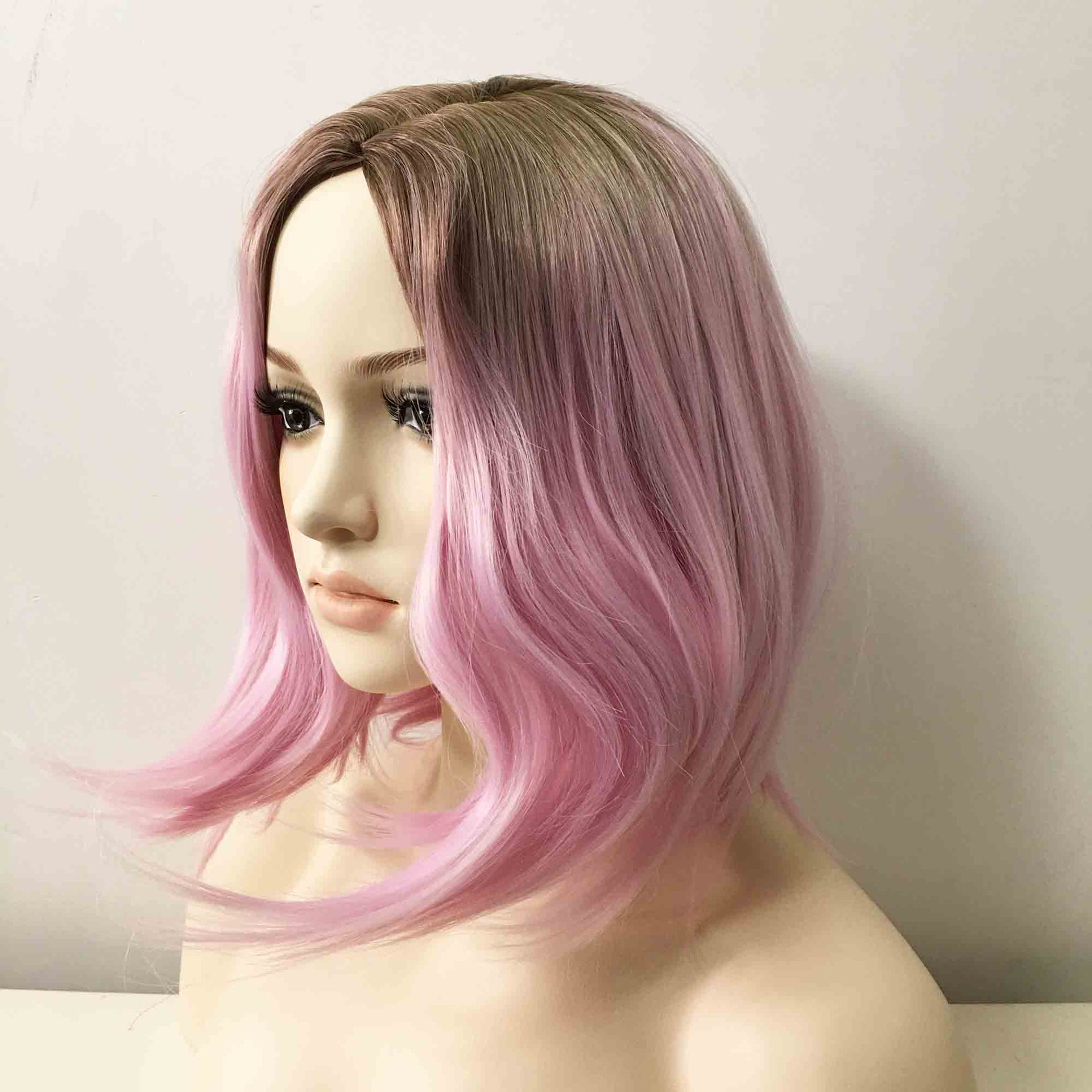 nevermindyrhead Women Ombre Pink Medium Length Natural Curls Side Part Wig