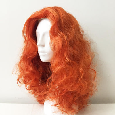 Orange lange lockige, nach hinten gekämmte, flauschige Cosplay-Perücke für Damen