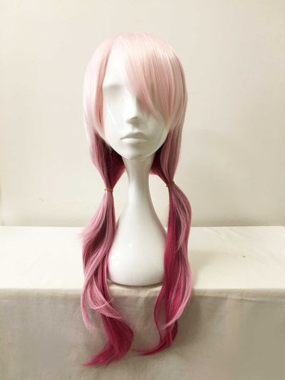 Women Pink Ombre Long Straight Ponytails Fringe Bangs Cosplay Wig
