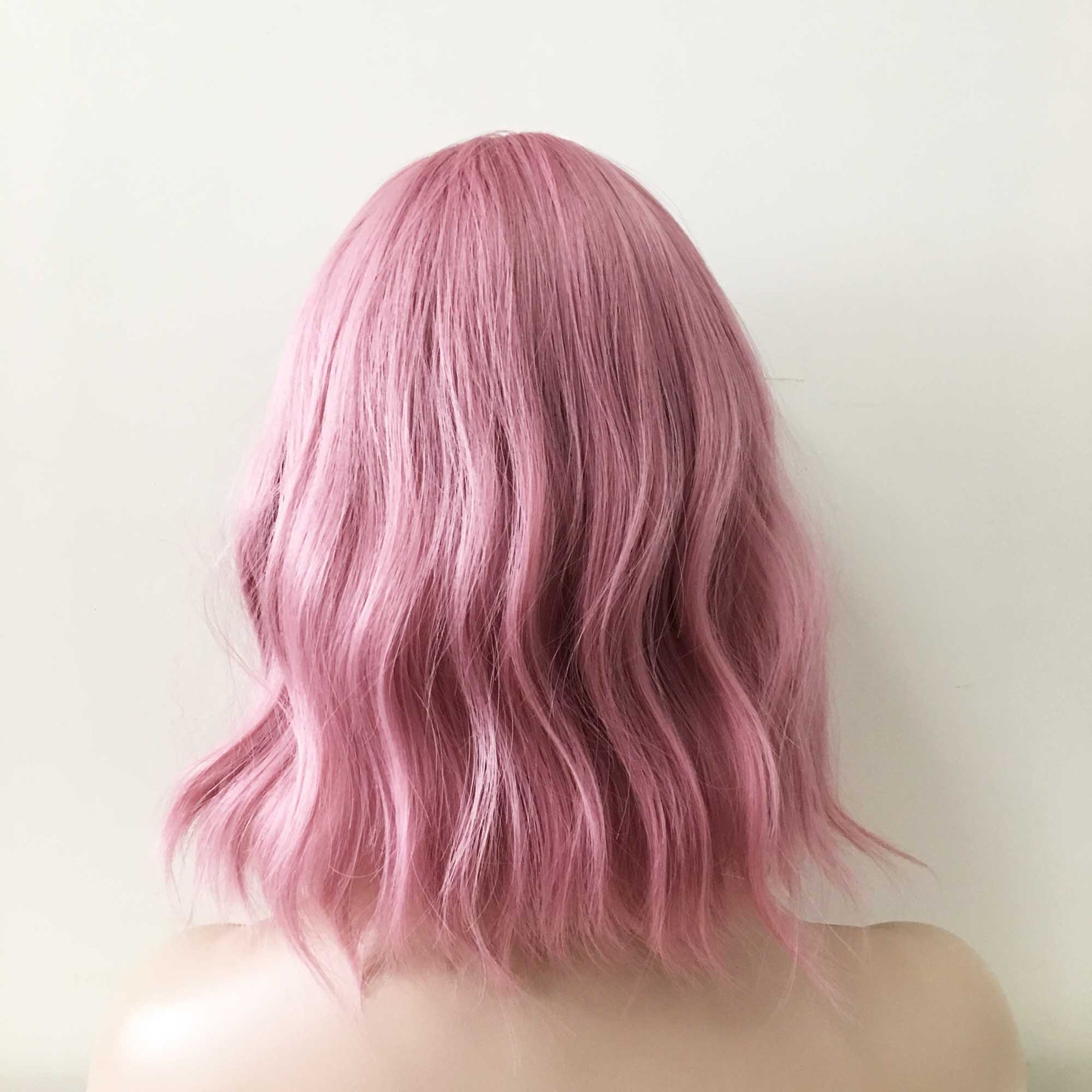 nevermindyrhead Women Pink Short Wavy Bob Fringe Bangs Wig