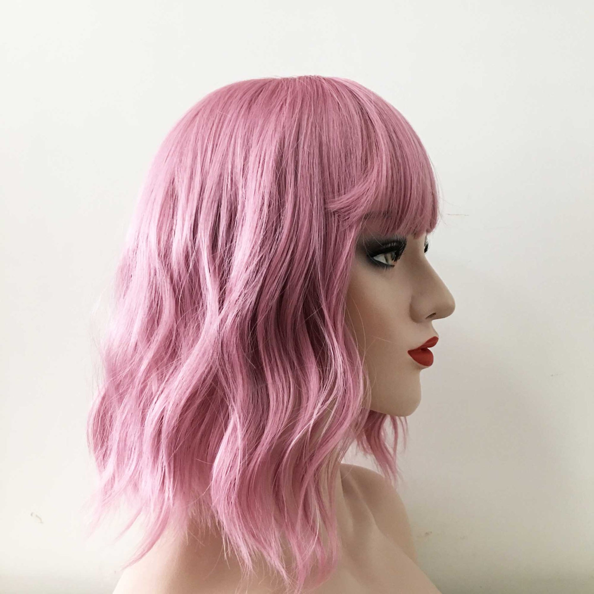 nevermindyrhead Women Pink Short Wavy Bob Fringe Bangs Wig