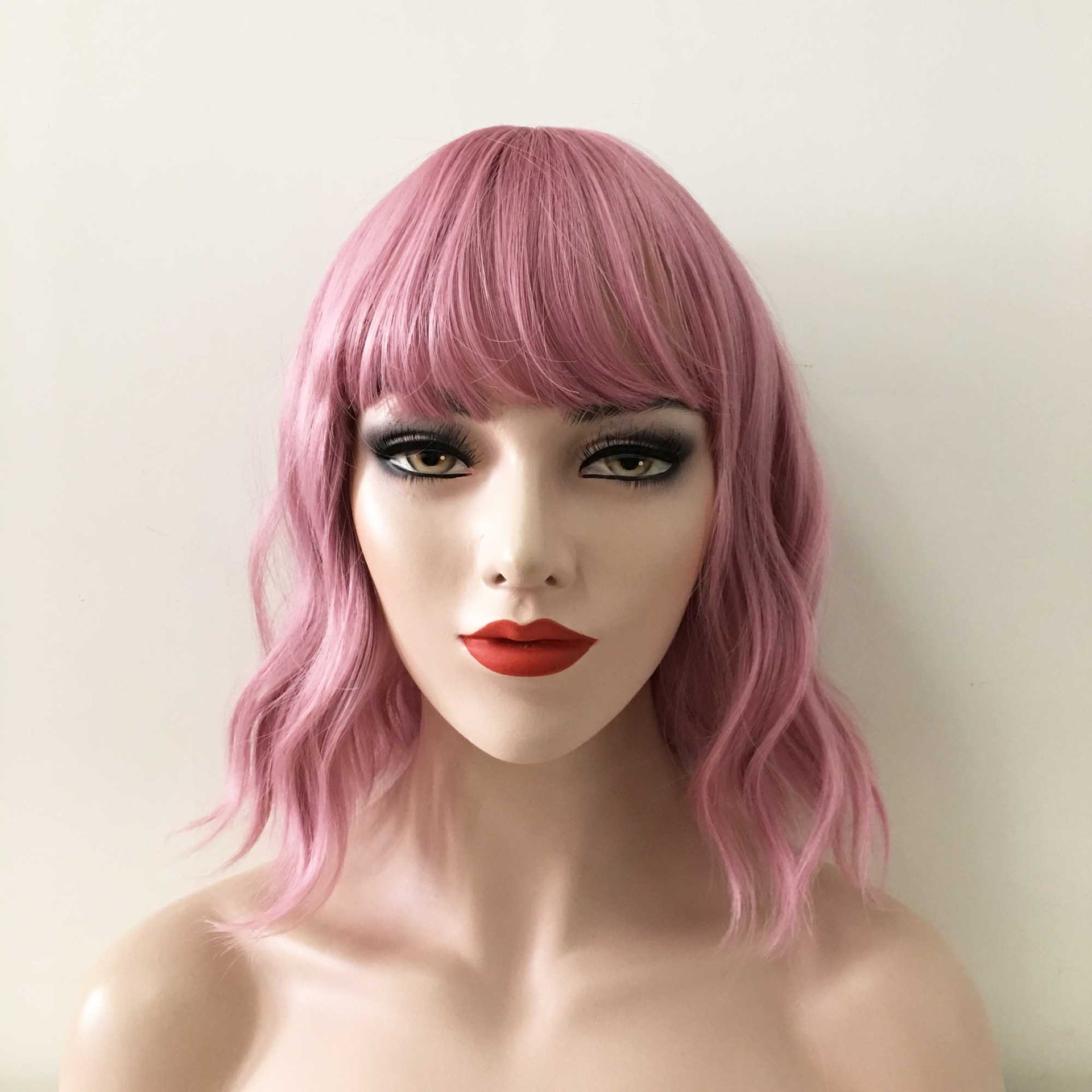 nevermindyrhead Women Pink Short Wavy Bob Fringe Bangs Wig