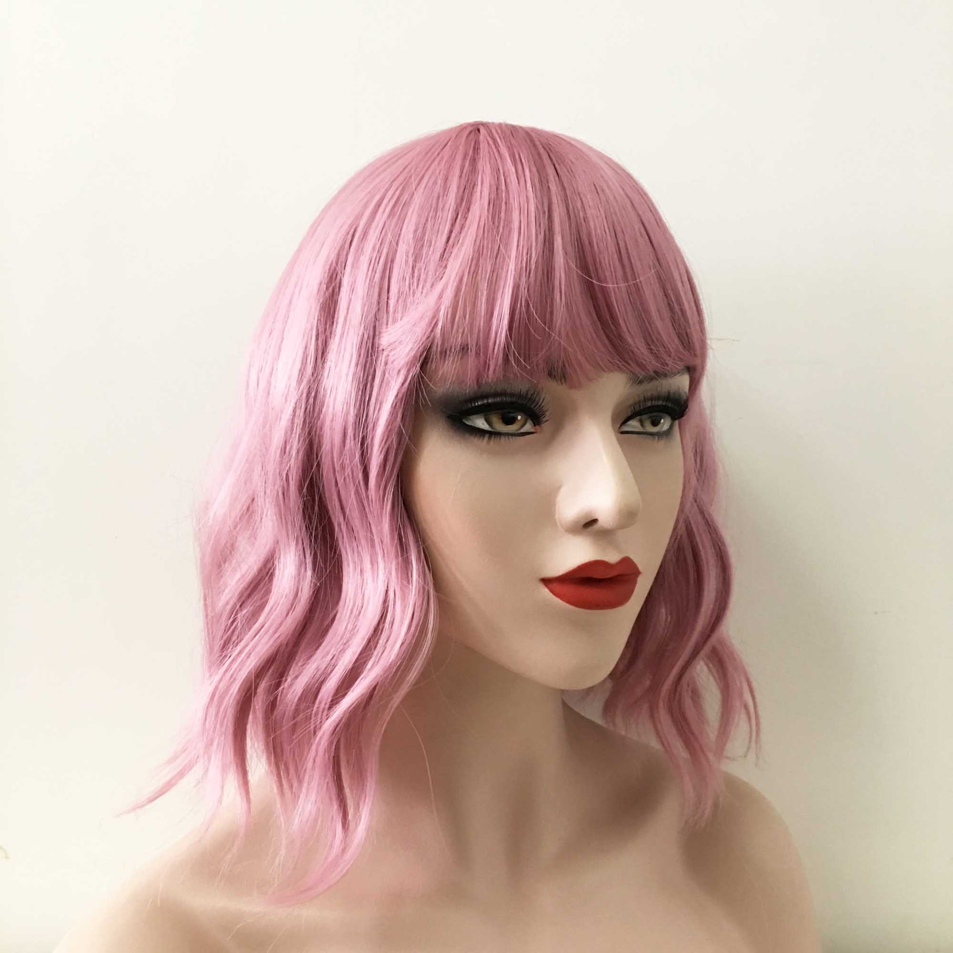 nevermindyrhead Women Pink Short Wavy Bob Fringe Bangs Wig