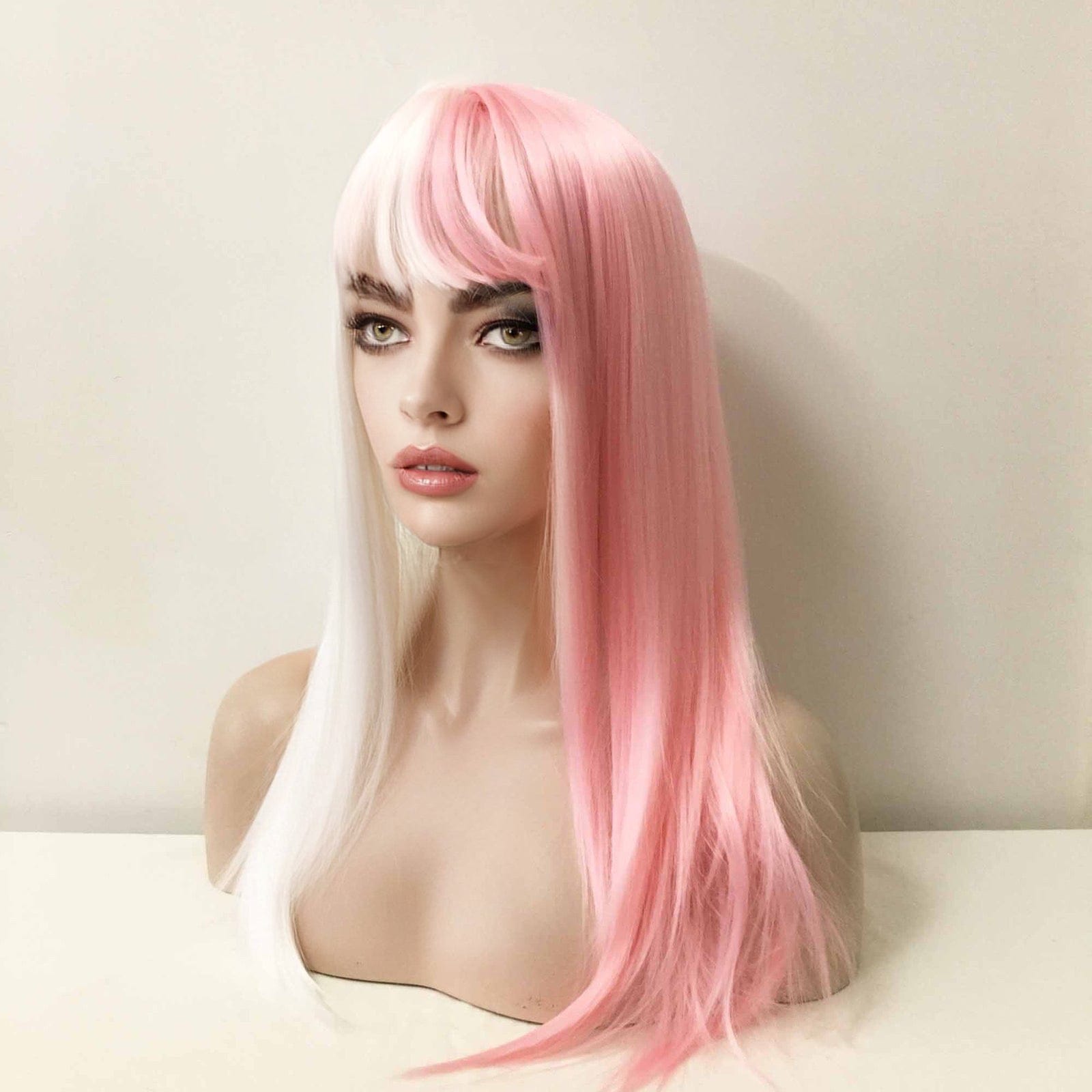 nevermindyrhead Women Pink White Split Colors Long Straight Fringe Bangs Wig