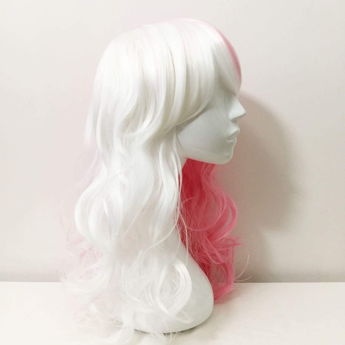 Women Pink White Split Colors Long Wavy Fringe Bangs Cosplay Wig