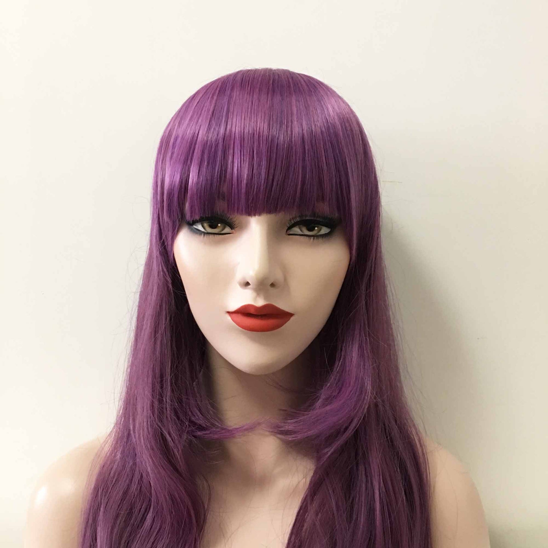 nevermindyrhead Women Purple Long Wavy Blunt Bangs Layered Wig