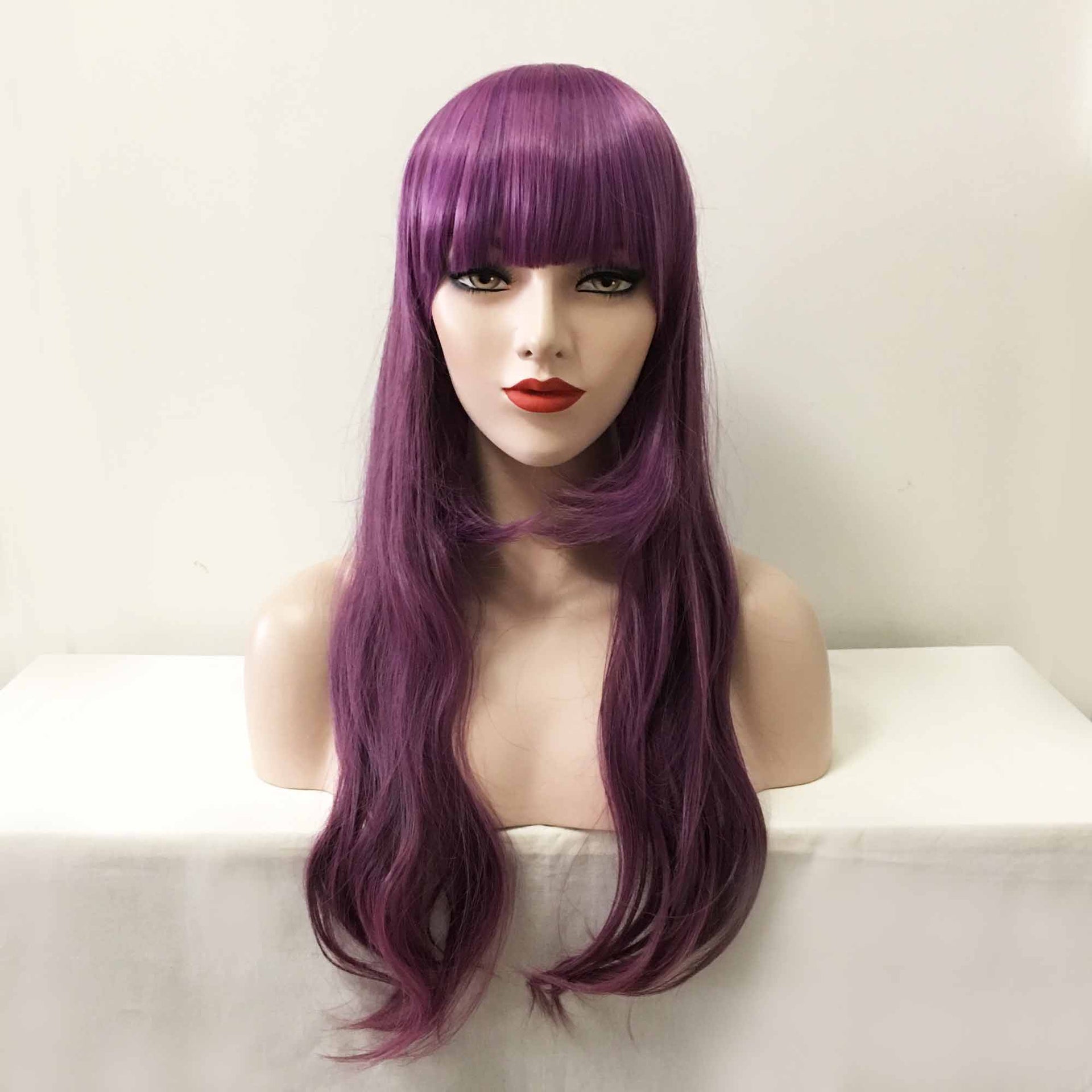 nevermindyrhead Women Purple Long Wavy Blunt Bangs Layered Wig