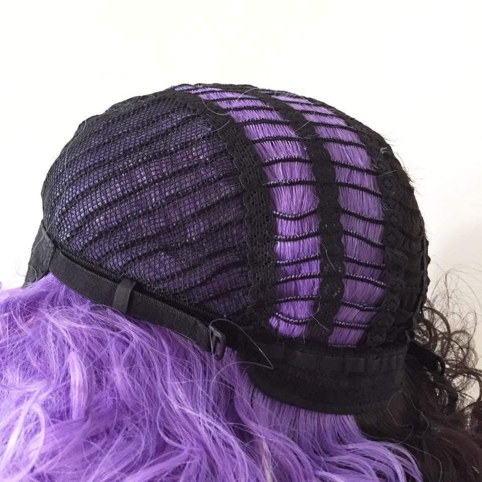 nevermindyrhead Women Purple Pink Black Long Curly Fringe Bangs Messy Wig