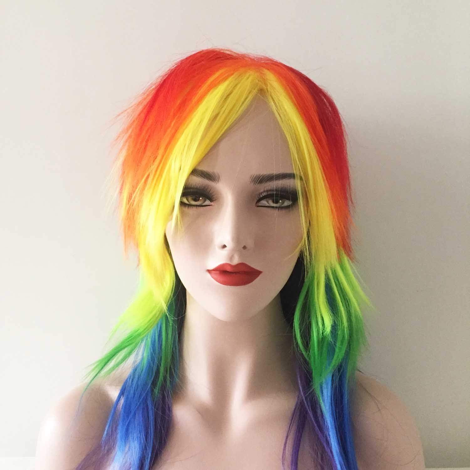 nevermindyrhead Women Rainbow Colors Long Straight Fringe Bangs Layered Party Wig
