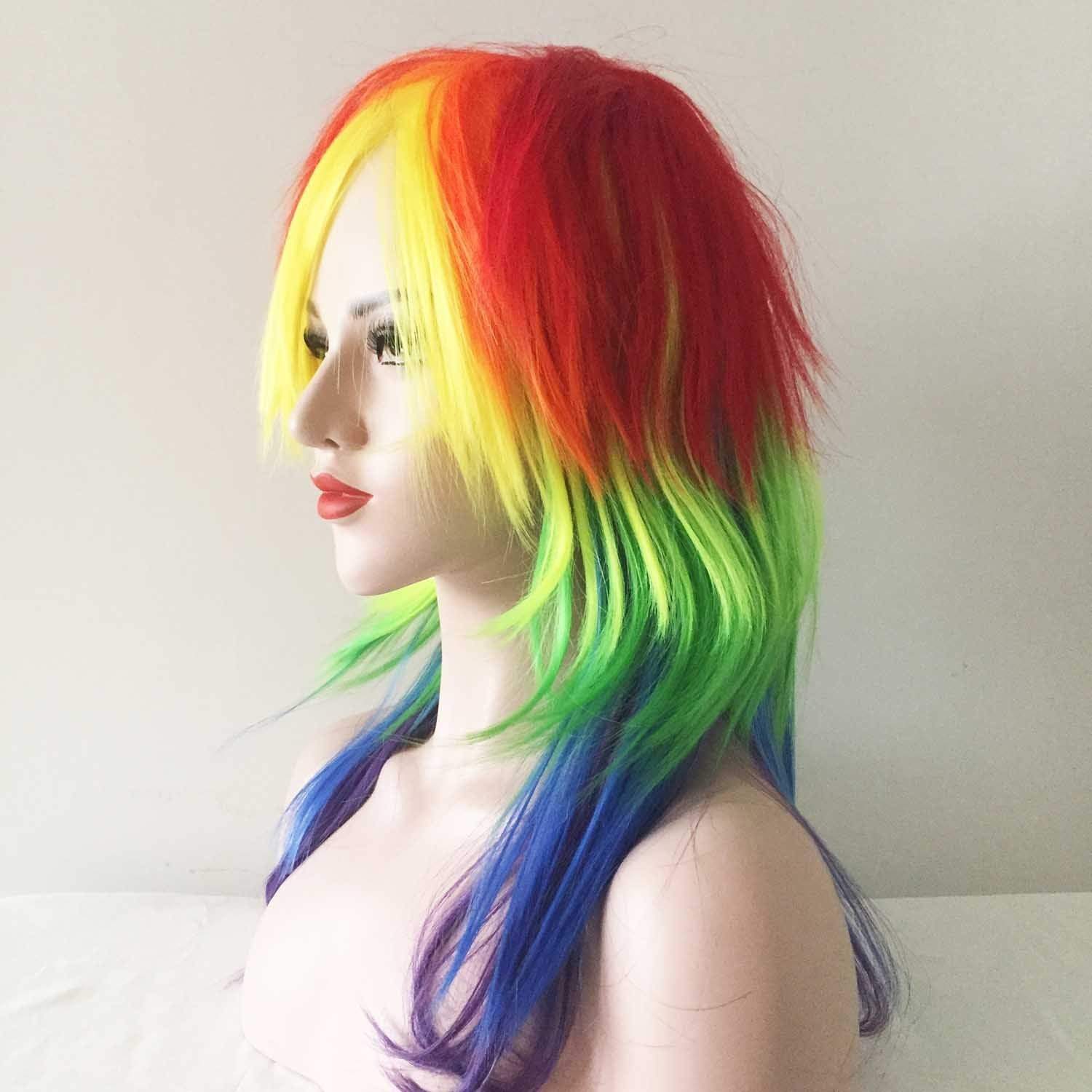 nevermindyrhead Women Rainbow Colors Long Straight Fringe Bangs Layered Party Wig