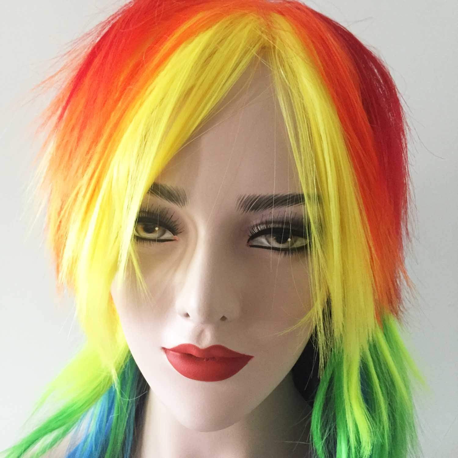nevermindyrhead Women Rainbow Colors Long Straight Fringe Bangs Layered Party Wig
