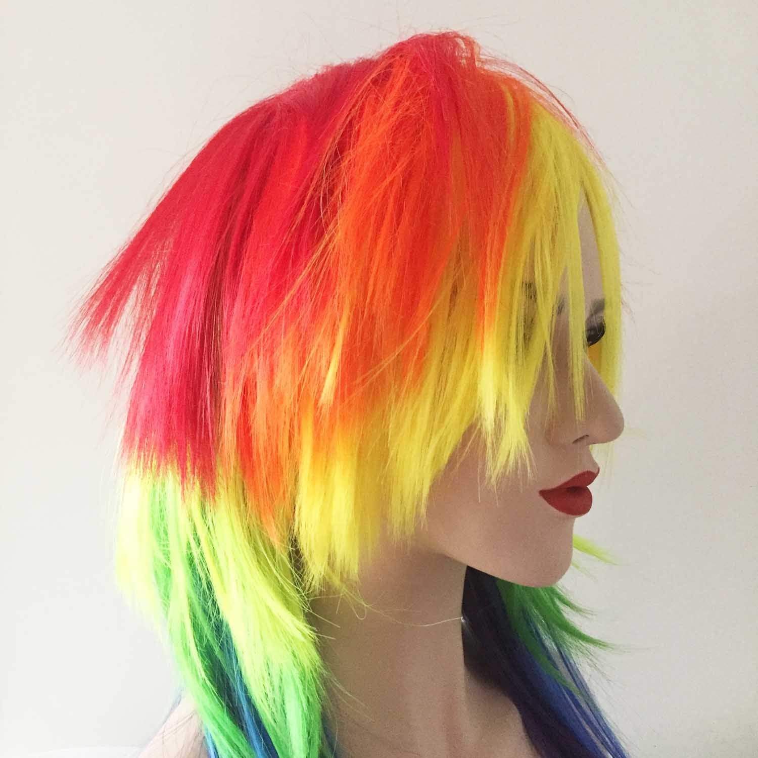 nevermindyrhead Women Rainbow Colors Long Straight Fringe Bangs Layered Party Wig