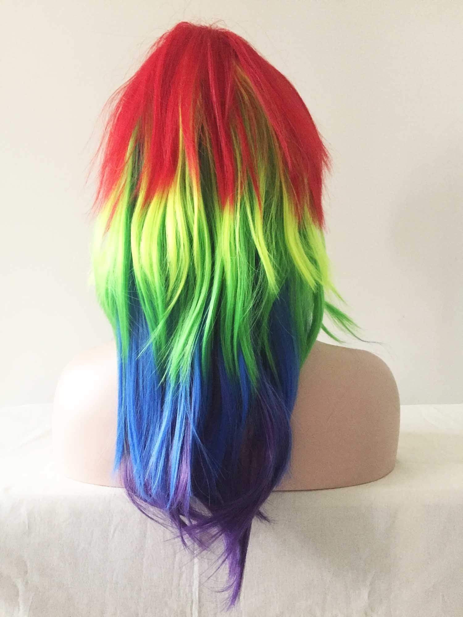 nevermindyrhead Women Rainbow Colors Long Straight Fringe Bangs Layered Party Wig