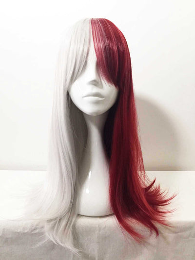 Women Red White Split Colors Long Straight Long Bangs Cosplay Wig
