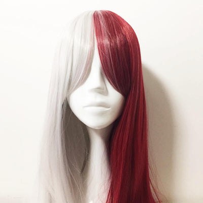 Women Red White Split Colors Long Straight Long Bangs Cosplay Wig