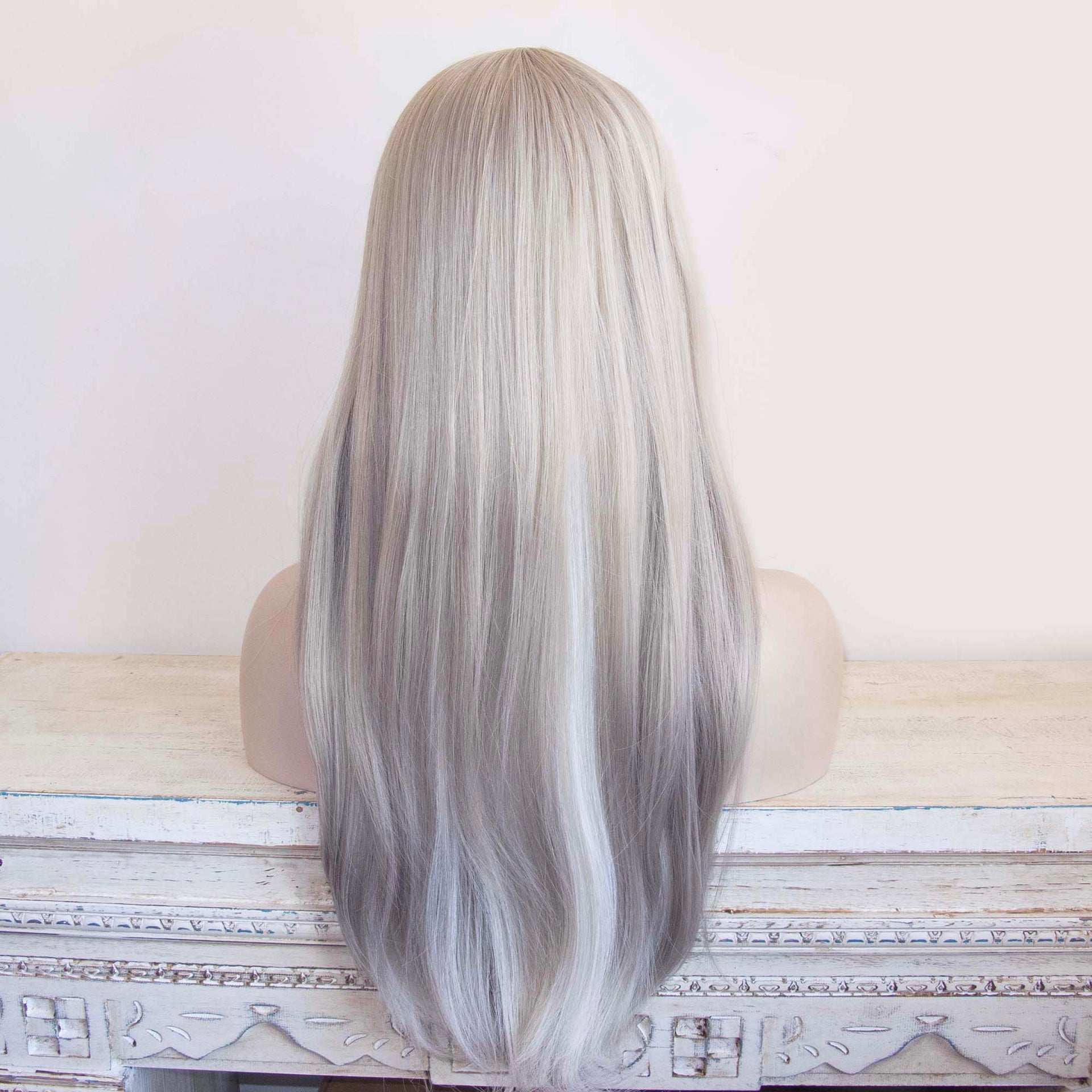 nevermindyrhead Women Silver Gray Long Straight Hair Fringe Bangs Wig With White Highlight