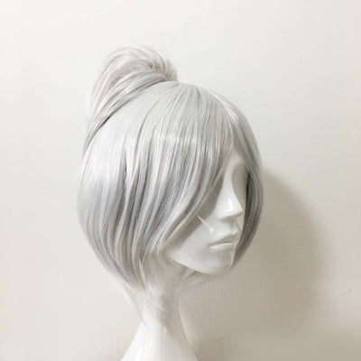 Women Silver White Short Detachable Top Bun Bob Cosplay Wig